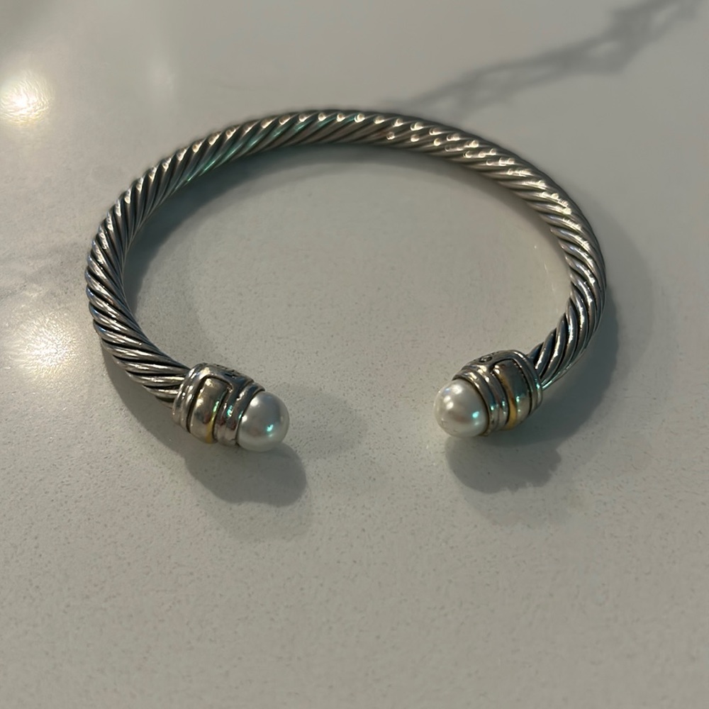 David Yurman Twisted Silver Bracelet with Pearl Ends